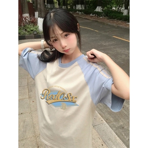 抖音得物品质二开240克宽松纯棉美式潮牌插肩三杠织带短袖T恤图片