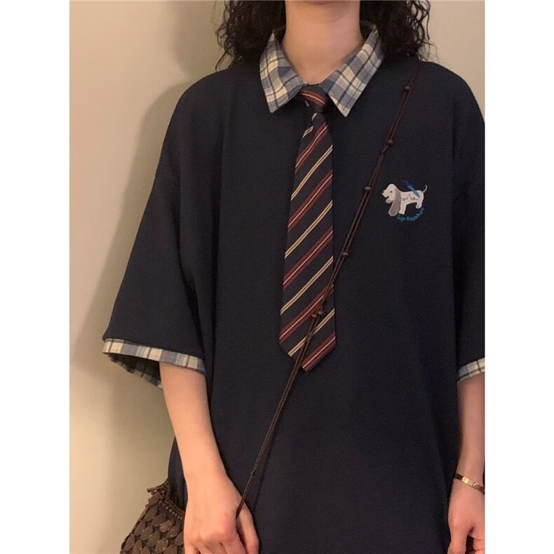 夏季美式复古学院风拼接格子小狗刺绣polo衫短袖T恤上衣男,男装T恤,星座506A