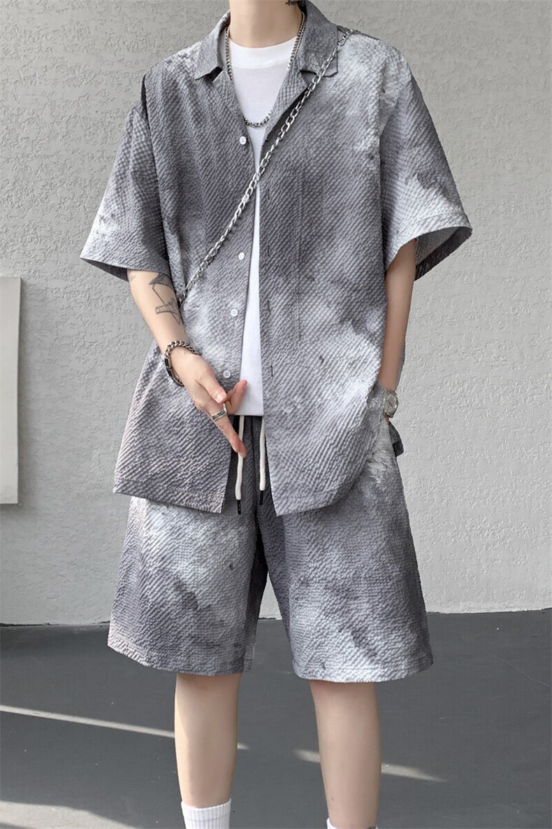 ！2026夏季新款男士水墨印花短袖衬衫套装衬衣CSTZ003特P55,男装衬衫,电商B220