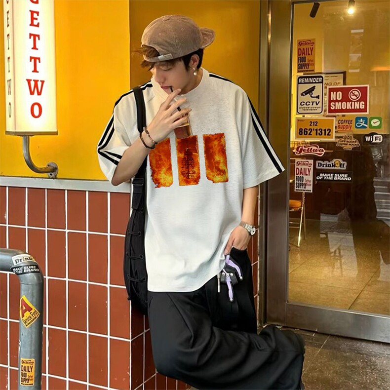 抖音得物高品质二开240克宽松纯棉美式潮牌三条杠织带短袖T恤,男装T恤,电商A486-1