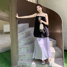 温柔风淡人气质套装女夏季2025法式飘带吊带上衣压褶半身裙两件套，女装套装/套裙，2C050