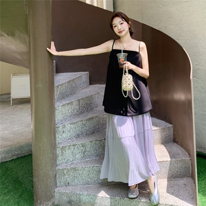 温柔风淡人气质套装女夏季2025法式飘带吊带上衣压褶半身裙两件套图片
