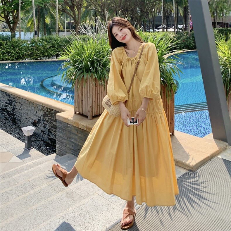 黄色度假风灯笼袖连衣裙女2025夏季新款法式复古高级感气质长裙子,女装连衣裙,2C115