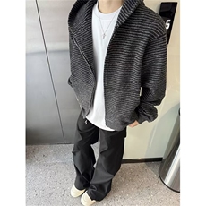 CL0855-P55美式复古条纹连帽卫衣外套秋冬休闲慵懒感宽松拉链开衫，女装短外套，电商C233