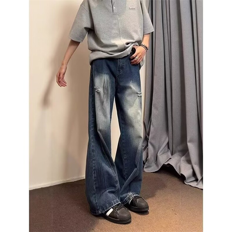 破洞牛仔裤男美式高街潮牌痞帅炸街裤子弯刀微喇阔腿裤L80633-P48图片