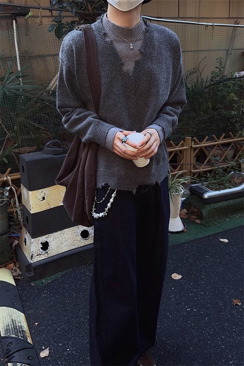 拼色毛边设计感假两件针织毛衣MY66特P63,男装针织衫/毛衣,星座908-1