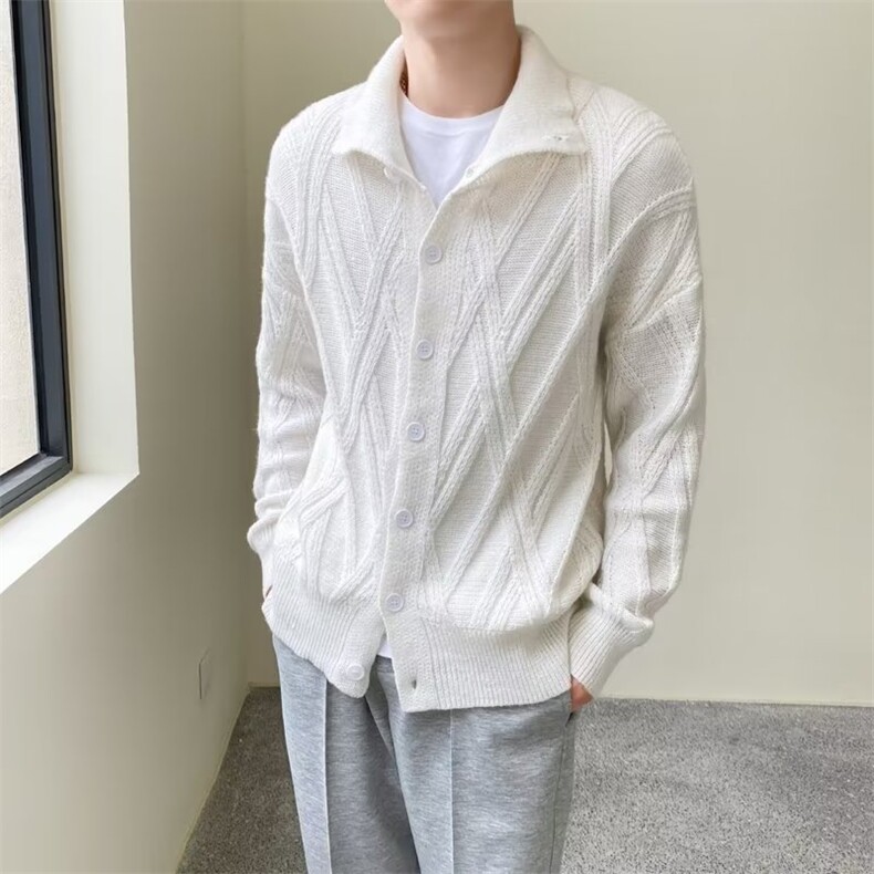 菱形格针织开衫男宽松立领冬季韩版情侣休闲百搭毛衣外套G07,男装针织衫/毛衣,星座1116A-2（原606A-1）