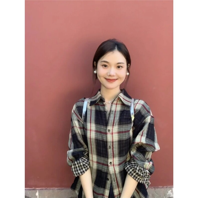 复古显白~双面慵懒格子衬衫女!秋韩系百搭宽松叠穿休闲衬衣薄外图片