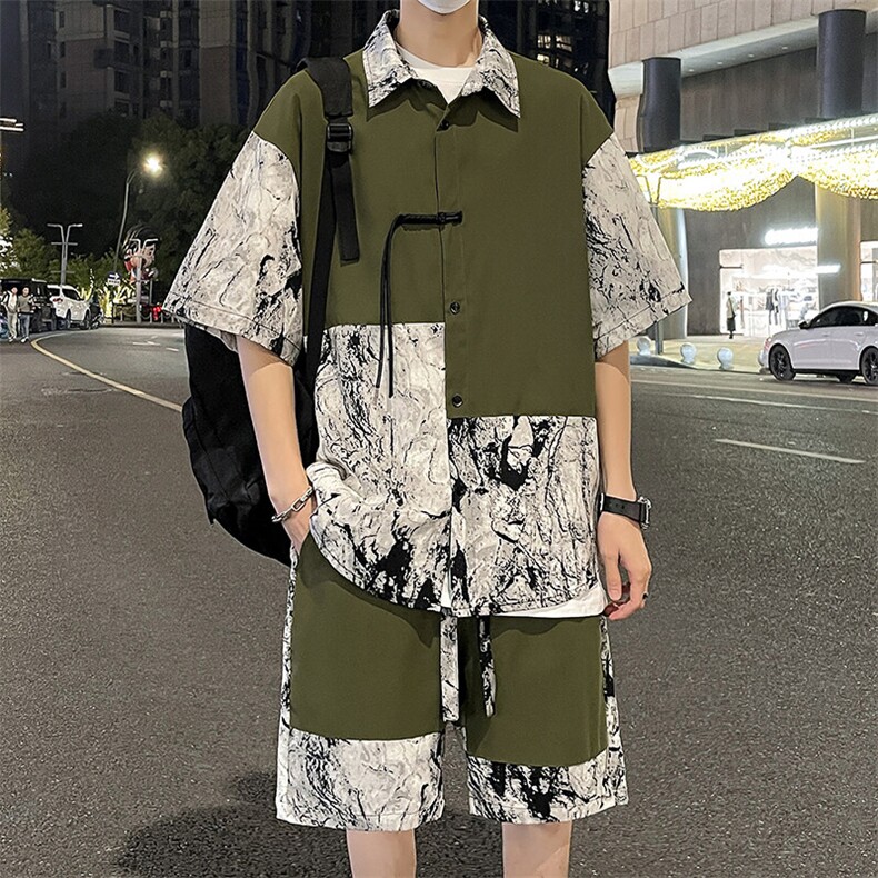 特批P61无差价夏季新中式拼接水墨画冰丝宽松休闲五分套装男TZ341,男装休闲套装,电商A001