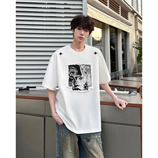 8XL-M美式街头风白色贴布男女情侣上衣短袖T恤半截袖DX330P48，男装T恤，电商D206-1