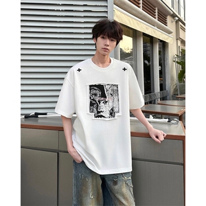 8XL-M 美式街头风白色贴布男女情侣上衣短袖T恤半截袖DX330P48图片