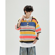 8XL-M特大码美式复古条纹撞色针织POLO衫翻领休闲短袖TDX311P35，男装T恤，电商D206-1