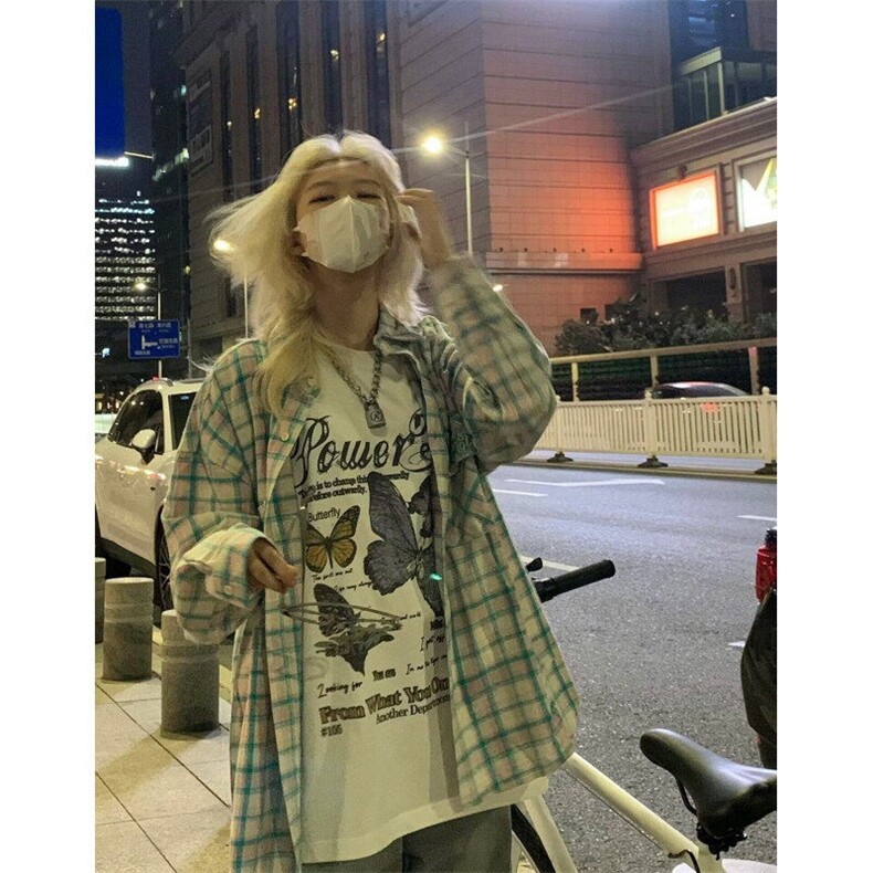 水洗复古格子口袋长袖衬衫男女ins高街宽松小众休闲翻领开衫衬衣,男装衬衫,星座506A