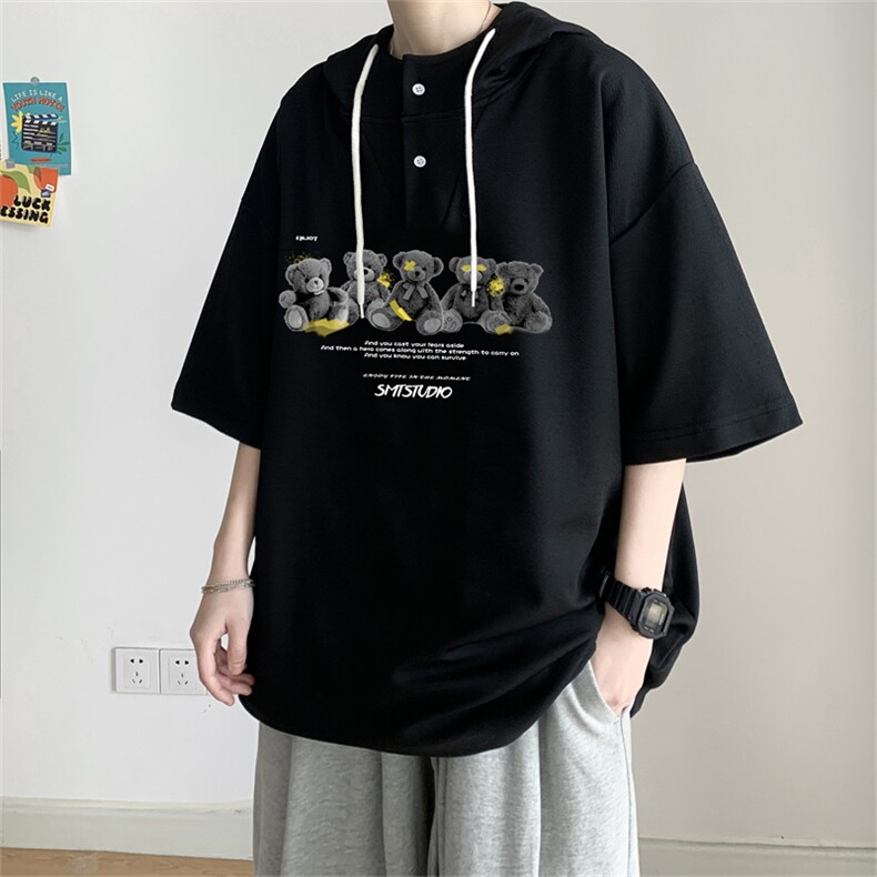 夏季港风冰丝宽松连帽短袖t恤五分体恤上衣TLM2230-P40控58,男装T恤,电商B370