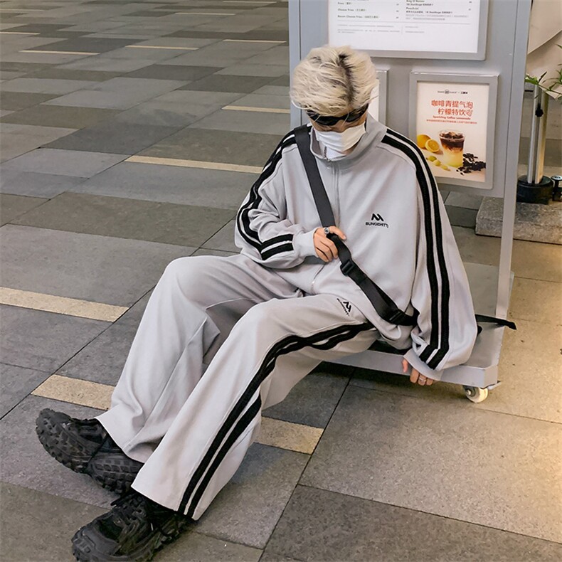 XZ301ATZ07港风撞色条纹学生休闲套装上衣P68控88裤子P50控68,男装休闲套装,星座301A