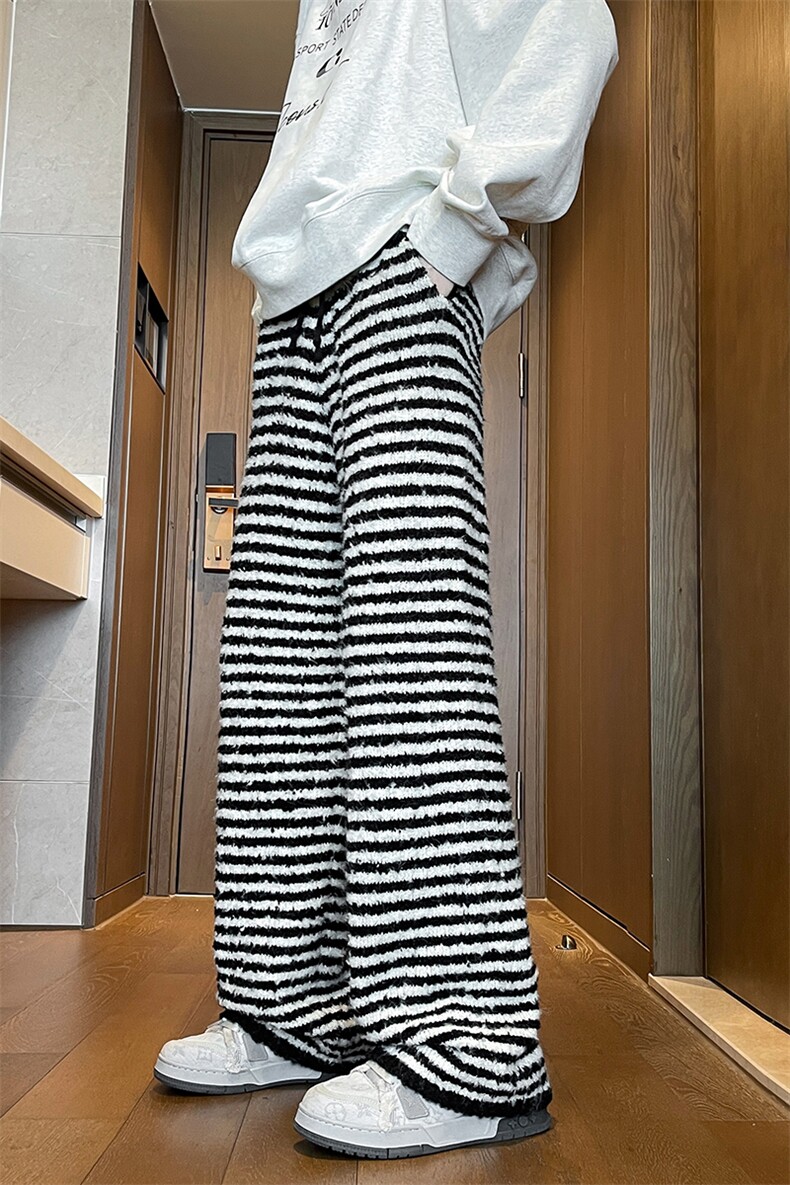 8XL-M慵懒休闲撞色条纹羊毛针织裤宽松保暖舒适直筒长裤K9114P68,男装休闲裤,电商D206-1