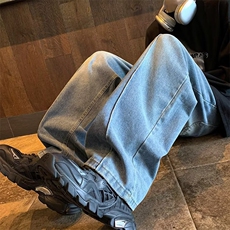 美式vibe风裤子男潮牌高街宽松直筒牛仔裤设计感拖地阔腿长裤~H21，男装牛仔裤，星座601-2