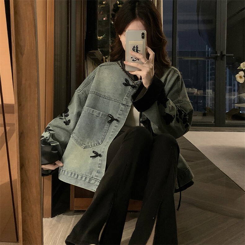 新中式风牛仔外套女盘扣绣花短款百搭C742-98,男装工装外套,星座911-2(原星座613-2）
