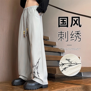 秋季新中式风刺绣潮牌宽松束脚阔腿休闲裤图片