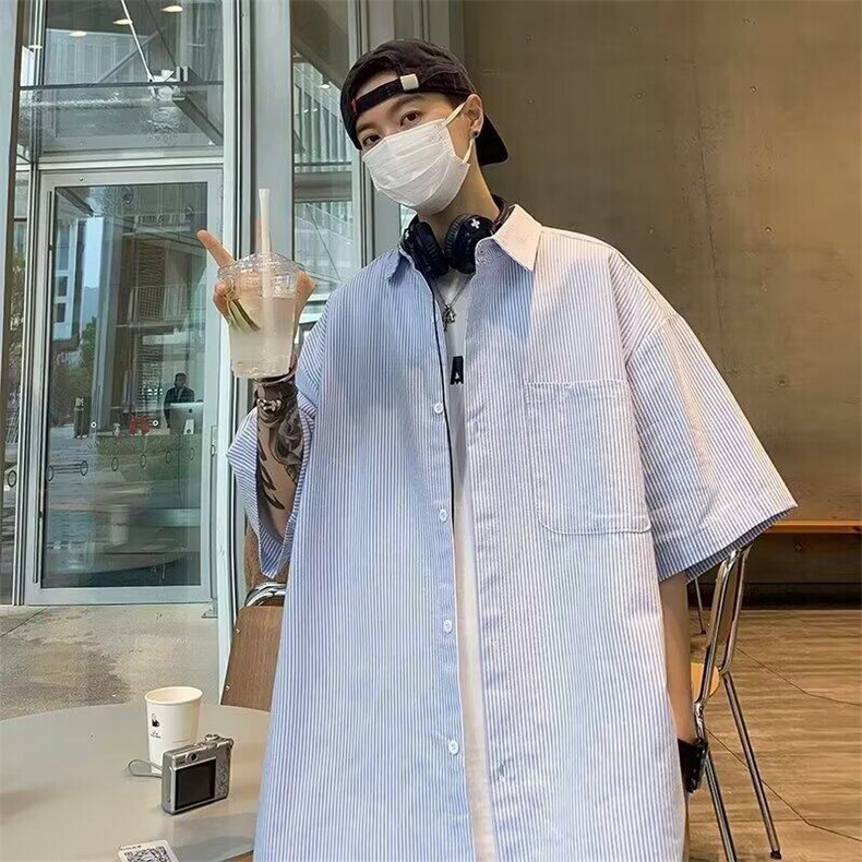 条纹短袖衬衫男2025年新款夏季日系潮牌宽松休闲男生工装衬衣外套,男装衬衫,星座506A