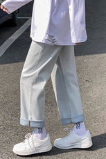 港风百搭坠感阔腿牛仔裤男直筒磨白九分长裤子浅色老爹裤c，男装牛仔裤，星座1008