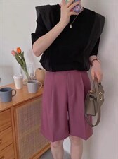 新款小众气质木耳边拼接飞飞袖纯色短袖T恤，女装T恤，L·H·X