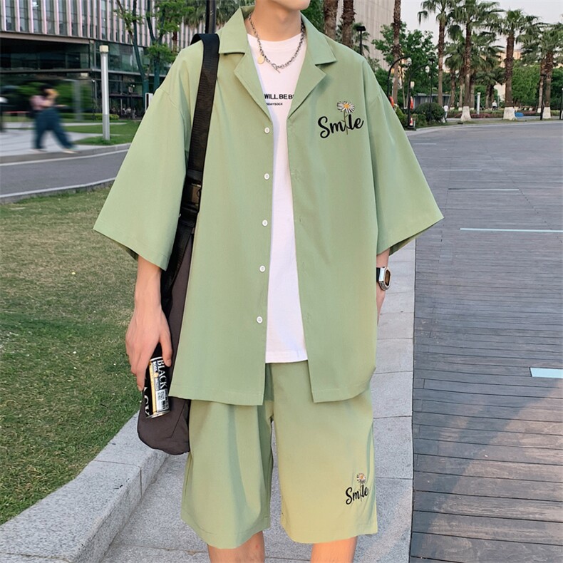 特P55控108 绣花冰丝透气衬衣短袖套装夏季衬衫短裤两件套XTZ221图片