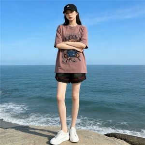 欧货休闲时尚运动套装女夏新款圆领短袖小熊上衣宽松短裤两件套潮图片