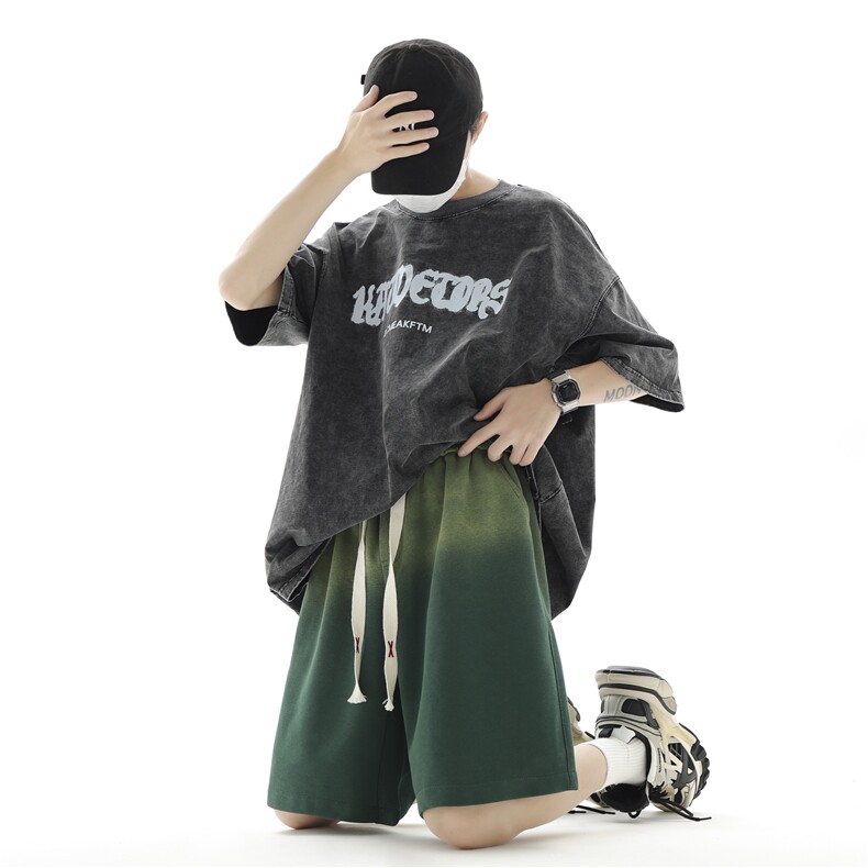 美式渐变短裤男夏季2025新款高街潮牌ins宽松休闲运动五分裤子,男装牛仔裤,电商A210