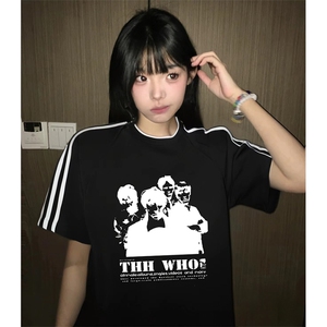 抖音得物高品质二开240克宽松纯棉美式潮牌三条杠织带短袖T恤图片