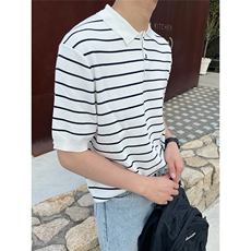 夏季冰丝凉感POLO领T恤衫轻奢风条纹针织衫潮男百搭透气宽松，男装T恤，星座506A