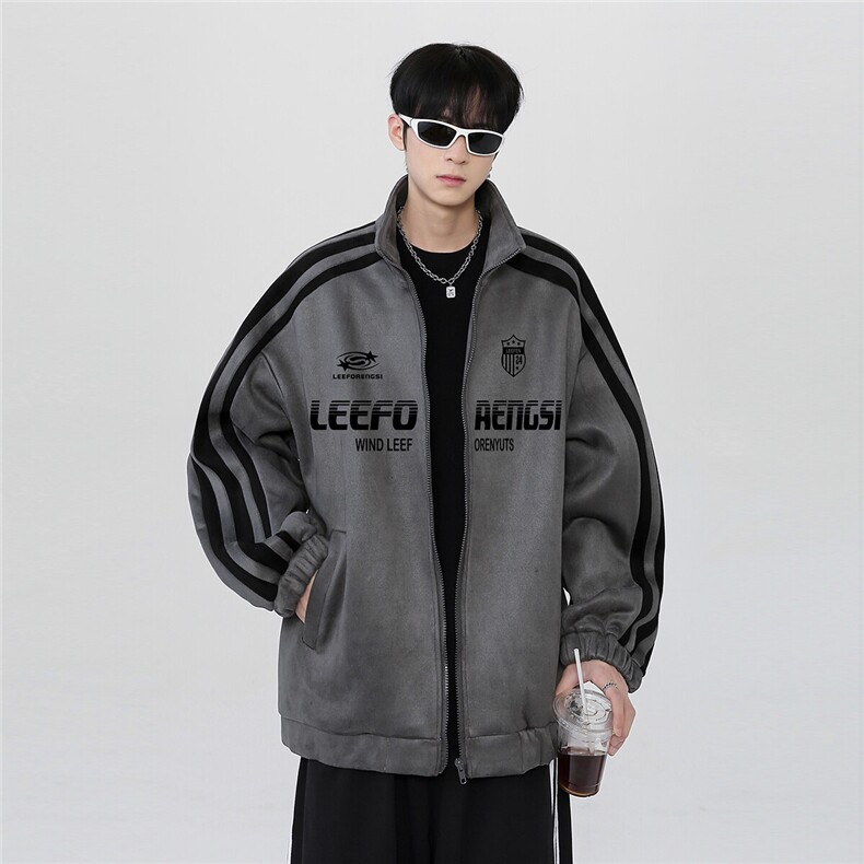 春季款2025美式側条纹麂皮绒棒球服外套男潮牌高街运动夹克特p68,男装夹克,电商C307