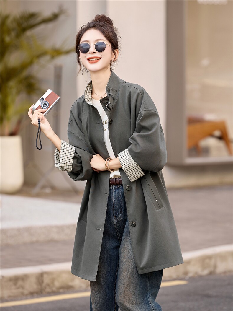 风衣女中长款2025秋季新款今年流行格子巨好看的韩系休闲立领外套,女装风衣,牡丹诺