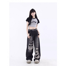 美式街头贴布破洞设计感牛仔裤男女ins潮宽松直筒裤子WLN7133-P52，男装牛仔裤，星座1008