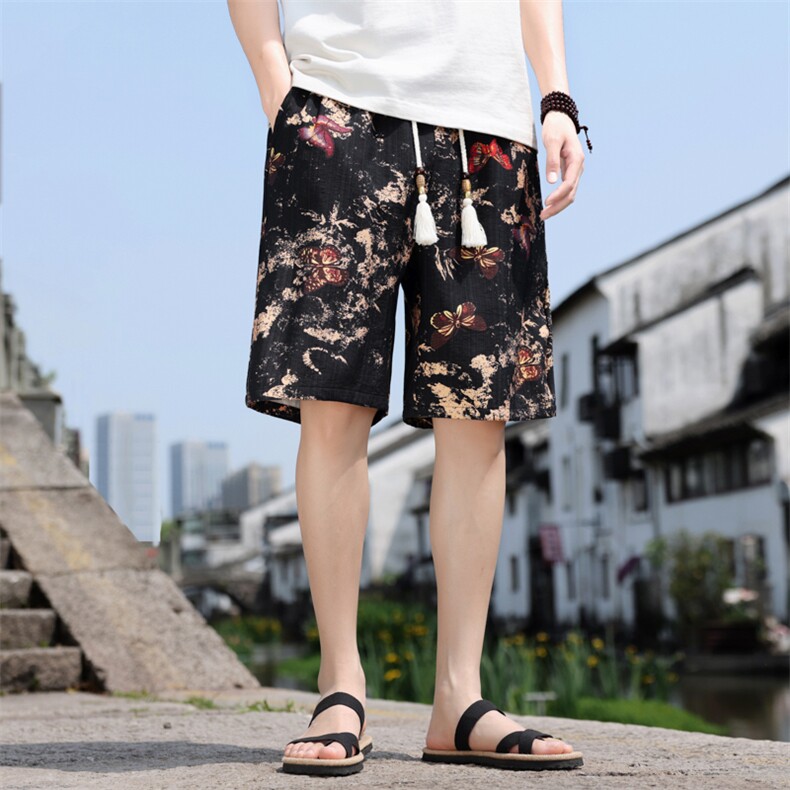 夏季亚麻棉麻印花风五分裤男宽松短裤个性A266-1-KZ773-P40图片