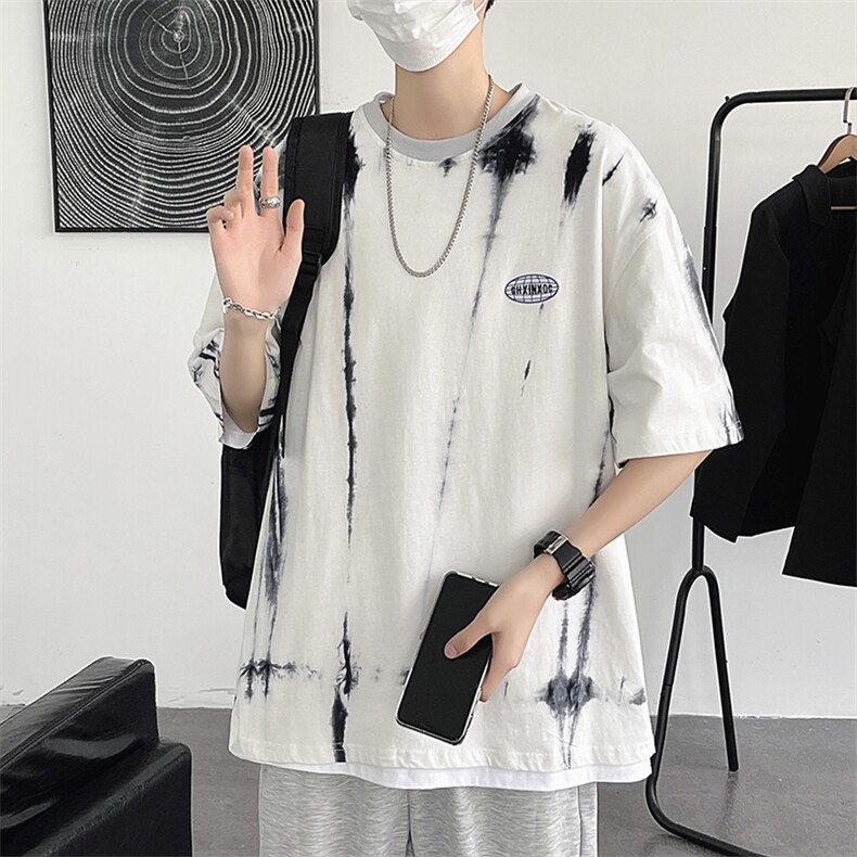 夏季嘻哈宽松五分短袖男士潮流百港风ins扎染短袖t恤T1037-P22,男装T恤,星座512-2