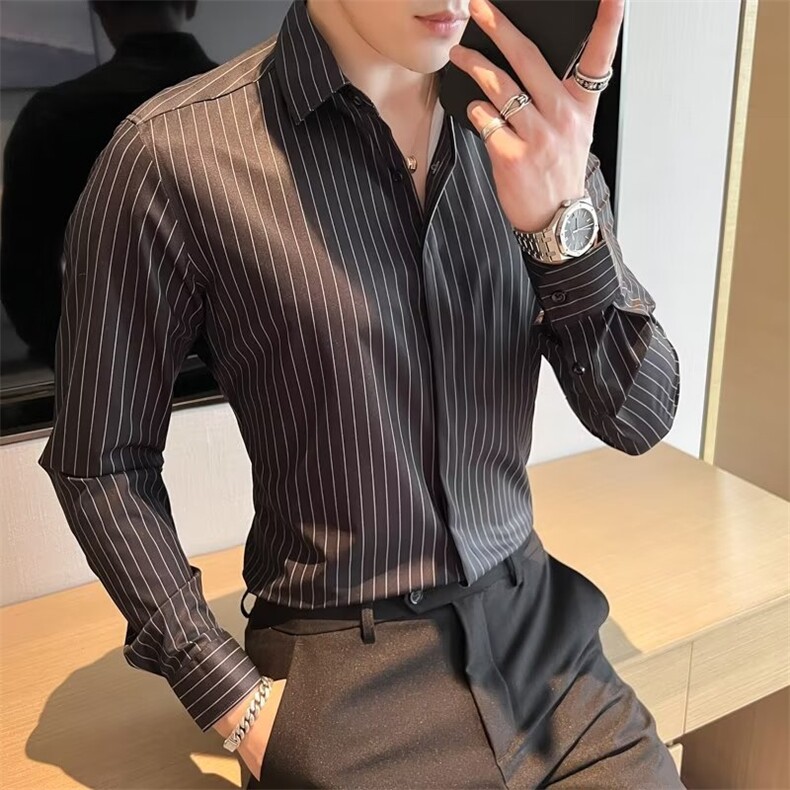 男士衬衫长袖暗扣韩版修身竖条纹四面弹衬衫白色衬衣潮C007,男装衬衫,星座1116A-2（原606A-1）