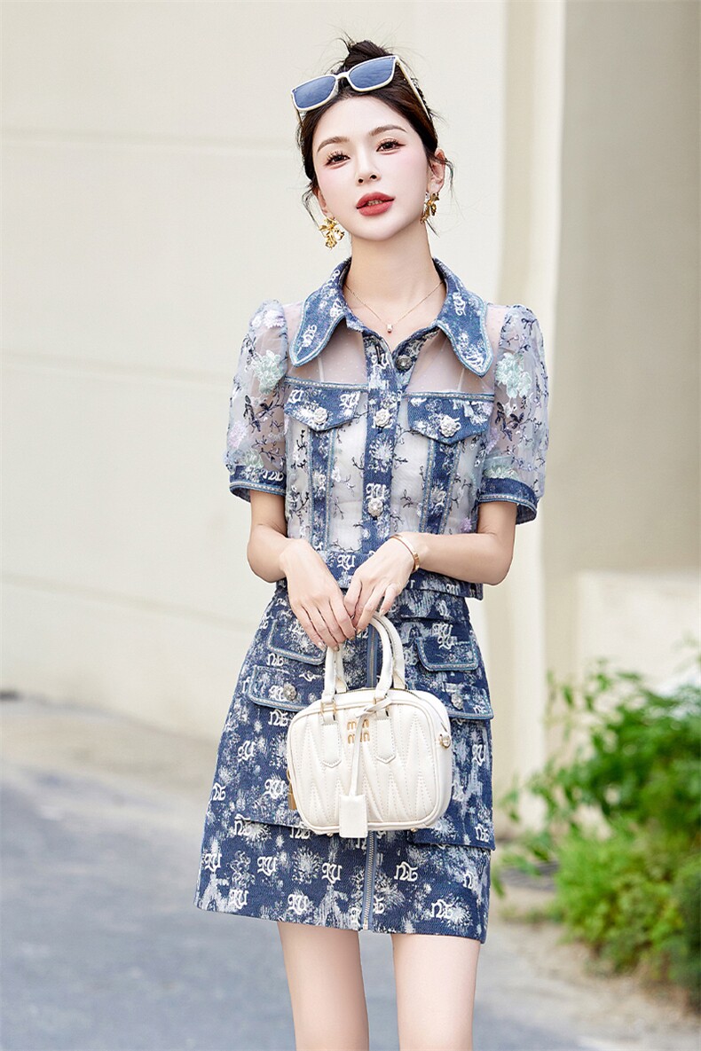 小个子短裙套装女2025夏新款高级感欧货新中式刺绣时尚牛仔两件套,女装套装/套裙,关键词