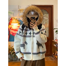 重磅北极绒座山雕毛衣外套冬美式复古休闲慵懒风大毛毛领针织开衫，男装针织衫/毛衣，电商A486-1