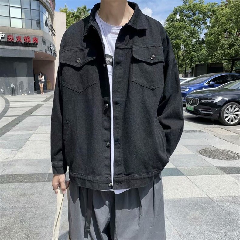 黑色牛仔外套男2024冬季新款潮牌高街宽松休闲翻领夹克W6271-P58,男装夹克,星座412-2