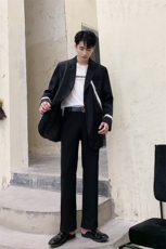 暗黑系简黑白男毛边拼接西装西服复古韩风外套A452--1950，男装西服，电商A452