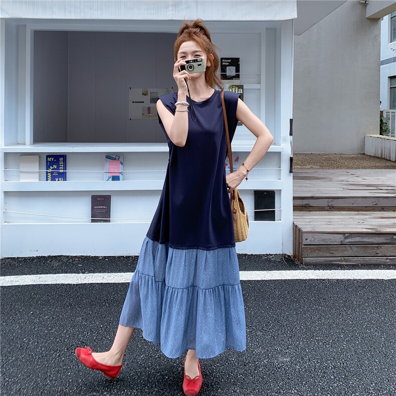 夏季新款韩版宽松显瘦百搭无袖背心连衣裙女中长款裙子,女装连衣裙,2C166