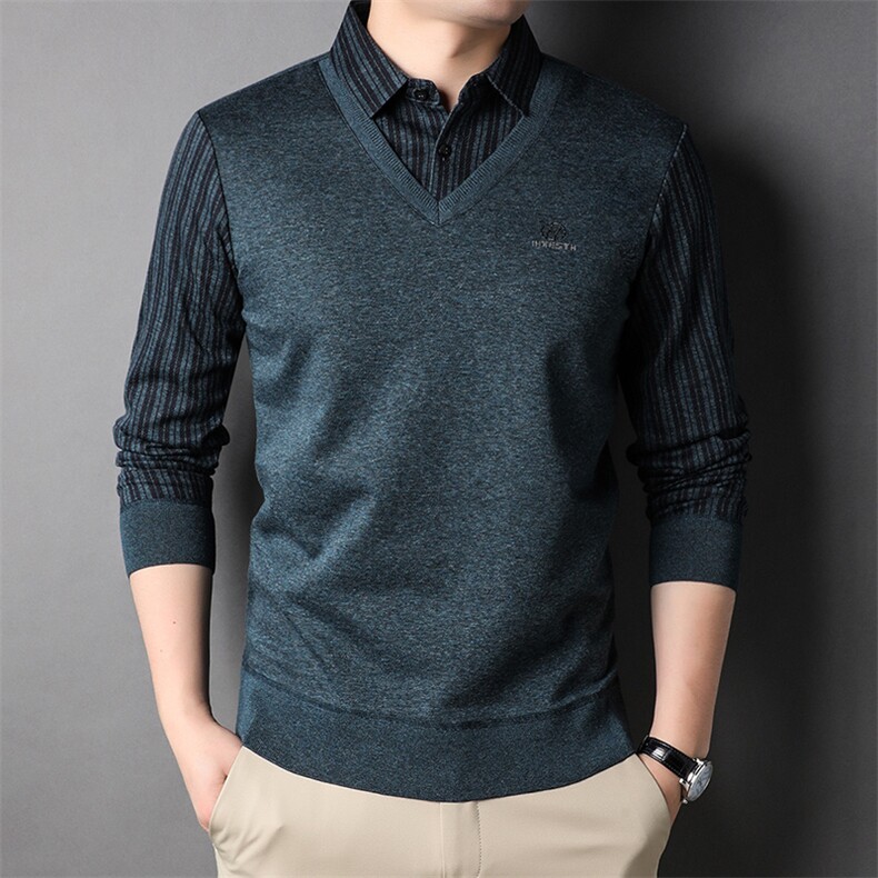 2022男士秋季新款长袖T恤衬衫领翻领假两件竖条纹体恤上衣GR85713，男装T恤，钱塘6003A(原)4033A