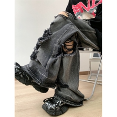 夏季潮流破洞牛仔裤男2024新款高街设计感百搭长裤现货K7954-P44，男装牛仔裤，星座512-3