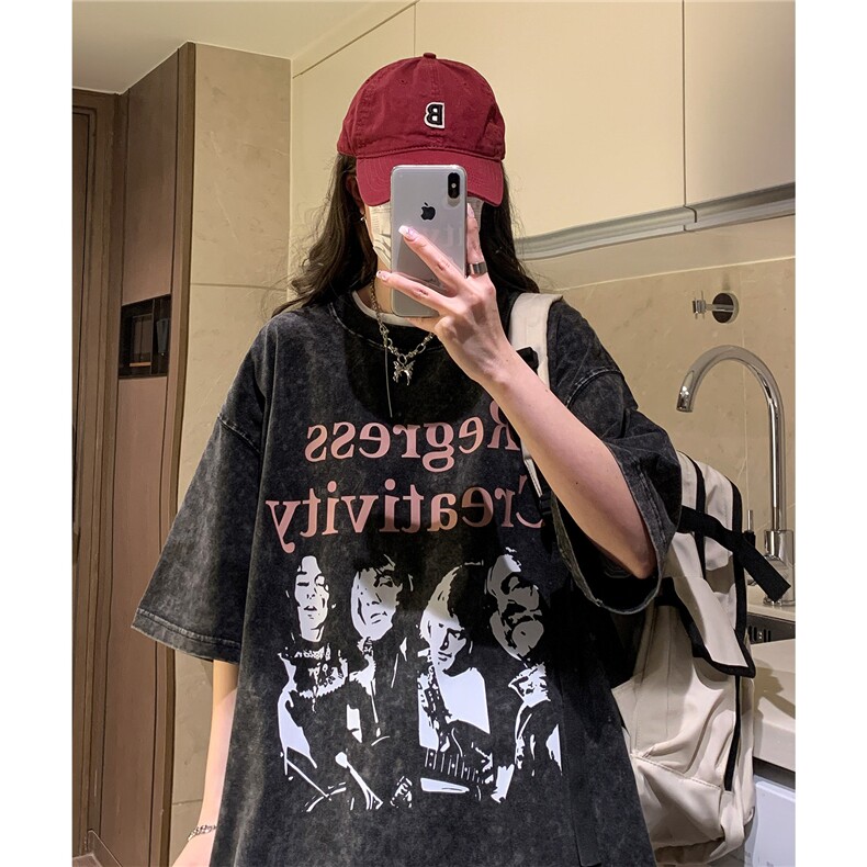 港风2026夏季中性水洗做旧半袖美式男女情侣复古短袖T恤衫S179P43图片