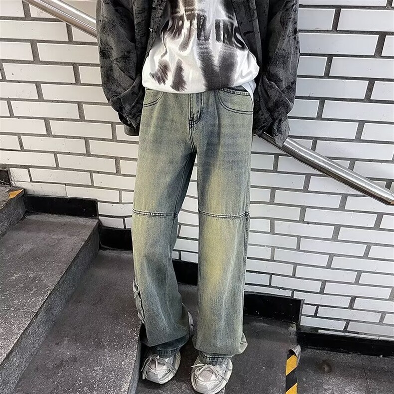 复古高街vibe做旧口袋工装牛仔裤男女直筒微喇休闲长裤子CK107图片