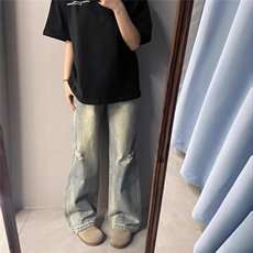高街磨破猫须设计做旧牛仔裤男扎染直筒休闲裤宽松拖地裤XX512，男装牛仔裤，星座208-5