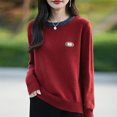 断码清仓新女圆领拼色刺绣加厚针织羊毛衫宽松打底衫，女装针织衫/毛衣，佳绒包芯纱店