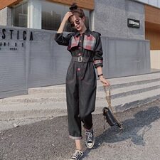 2021春秋季格纹拼接时尚连体裤高腰时尚翻领休闲舒适百搭女，女装休闲裤，秋水欣儿