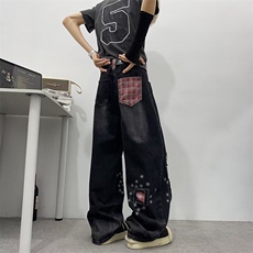 V154-P60美式复古磨破补丁刺绣牛仔裤男女同款百搭宽松阔腿裤，男装牛仔裤，星座911-1